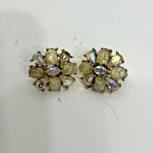 VTG Crown Trifari Etoile Line Clip-on Earrings White Lava Glass AB Rhinestones